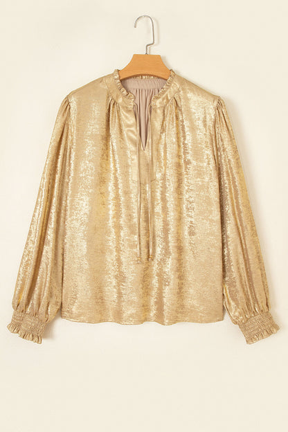 Metallic Tie V-Neck Long Sleeve Blouse