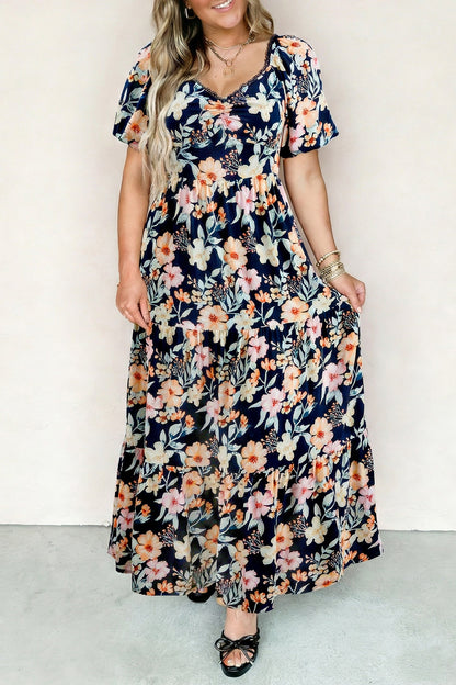 Floral Short Sleeve Smocked High Waist Maxi Dress