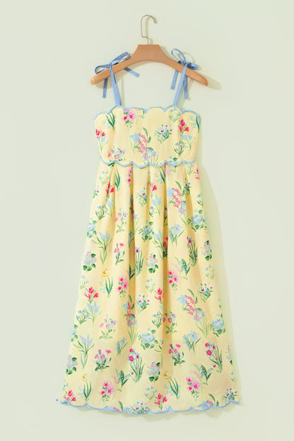 Floral Contrast Trim Tie Strap Midi Dress