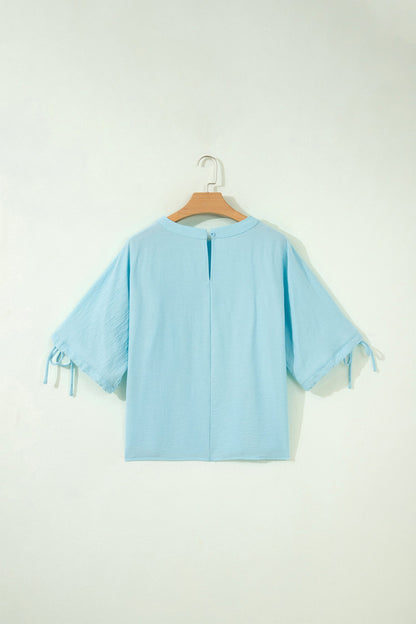 Solid Pleated Tie Sleeve Babydoll Blouse