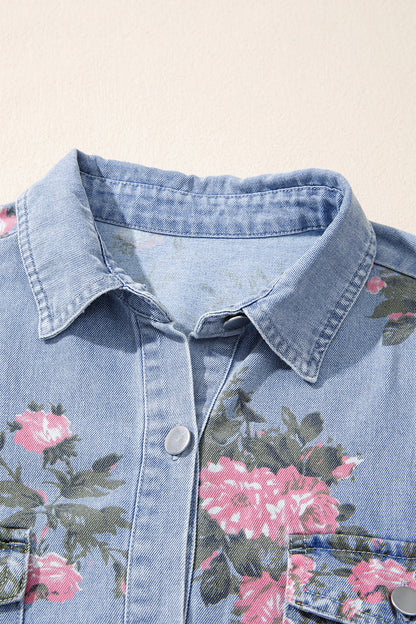 Floral Denim Cuffed Short Sleeve Buttoned Dress
