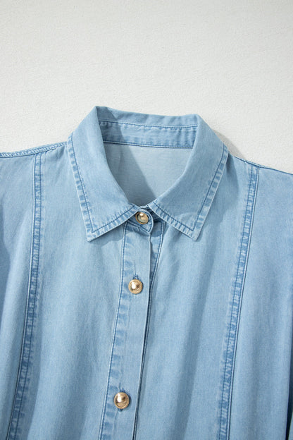 Solid Denim Collared Bubble Sleeve Buttoned Midi Dress