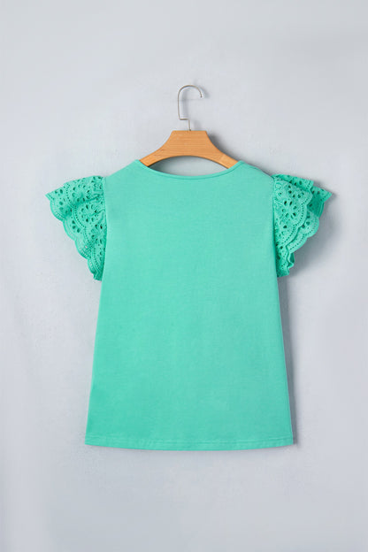 Solid Eyelet Lace Ruffle Cap Sleeve Top