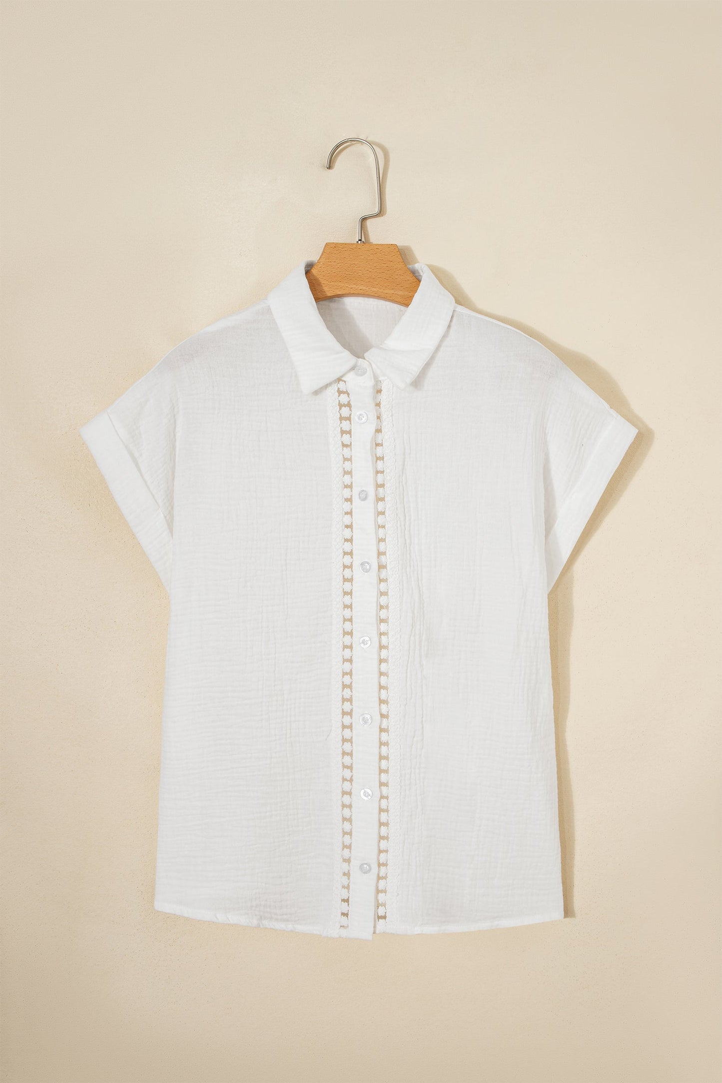 Solid Crinkle Textured Lace Trim Buttoned Shirt