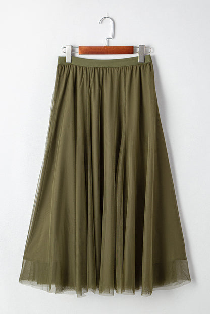 Solid Tulle Mesh Overlay Flared Midi Skirt