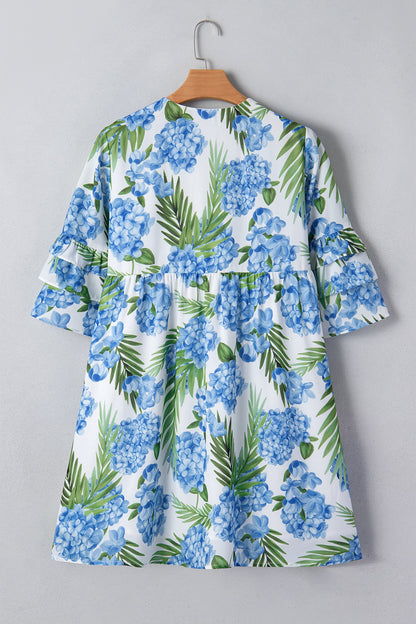Floral Palm Ruffle Tiered Sleeve Mini Dress