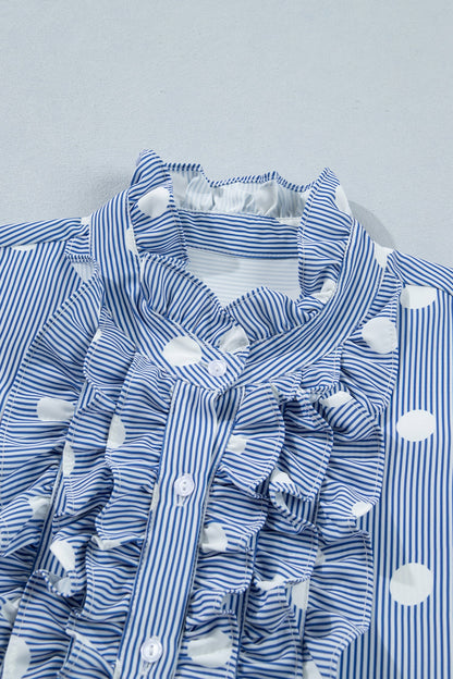 Stripe Contrast Polka Dot Pleated Ruffle Sleeve Shirt
