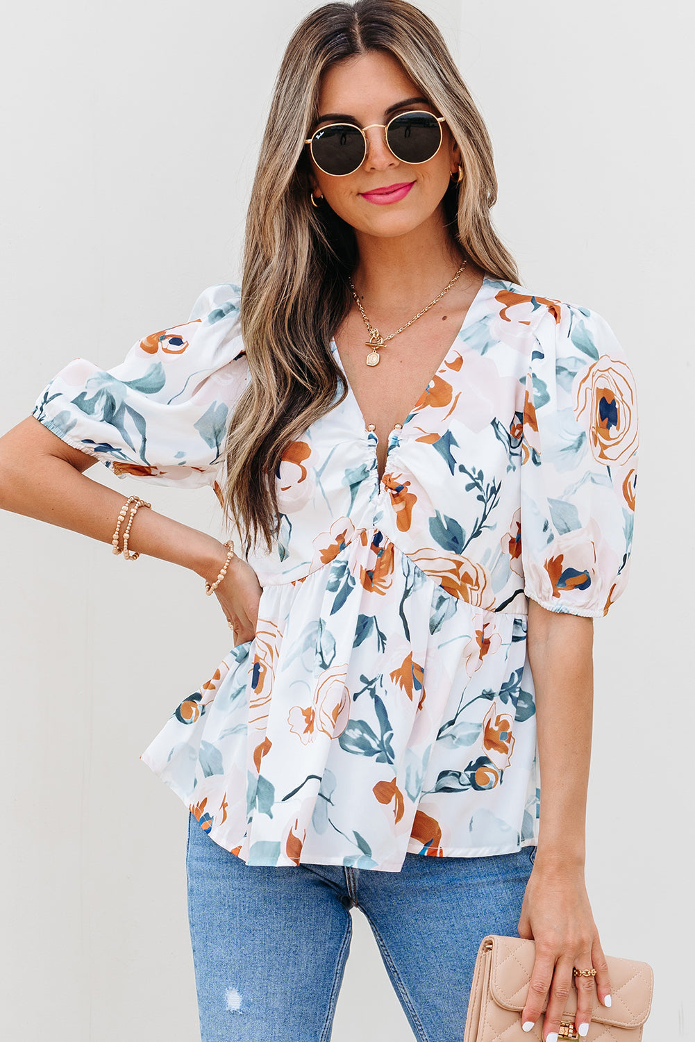 Floral Puff Sleeve V-Neck Babydoll Blouse