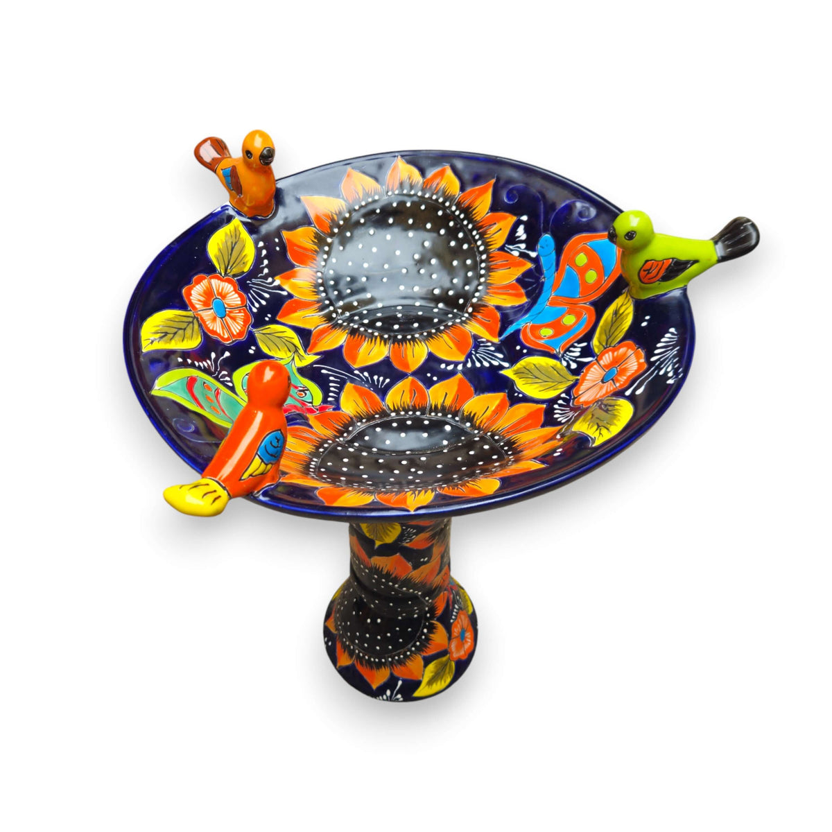 Cobalt Talavera Bird Bath | Hand-Painted Sunflower Art