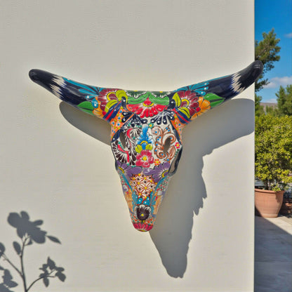 Colorful Talavera Bull Skull | Mexican Wall Art Decor
