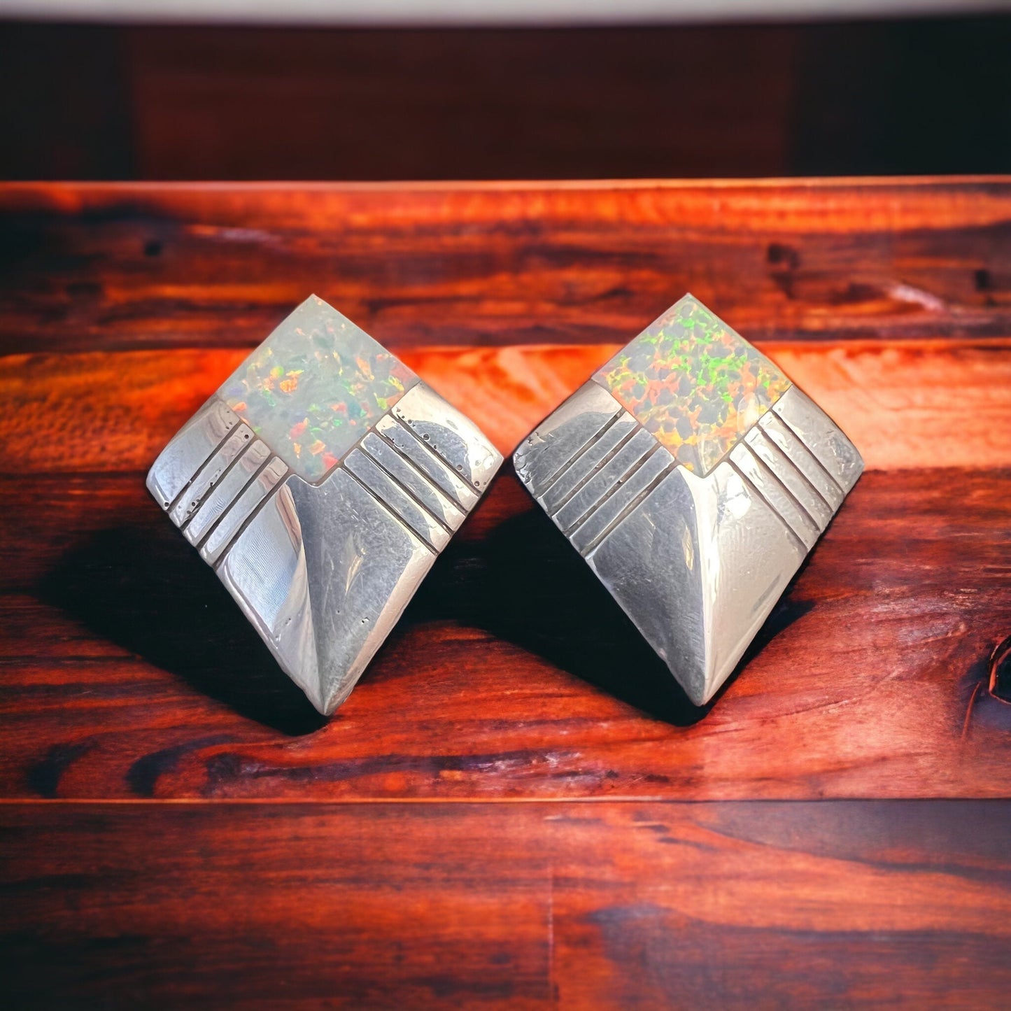 Vintage Navajo-Style Hand-Stamped Sterling Silver Concho & Opal Post Earrings — 1 1/4" Long