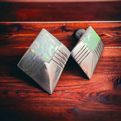 Vintage Navajo-Style Hand-Stamped Sterling Silver Concho & Opal Post Earrings — 1 1/4" Long