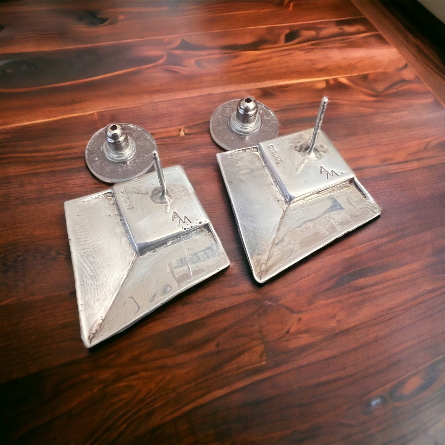 Vintage Navajo-Style Hand-Stamped Sterling Silver Concho & Opal Post Earrings — 1 1/4" Long