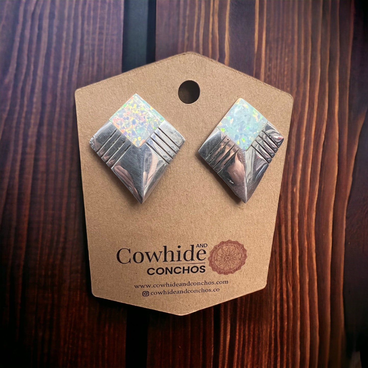 Vintage Navajo-Style Hand-Stamped Sterling Silver Concho & Opal Post Earrings — 1 1/4" Long