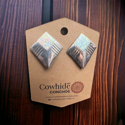 Vintage Navajo-Style Hand-Stamped Sterling Silver Concho & Opal Post Earrings — 1 1/4" Long