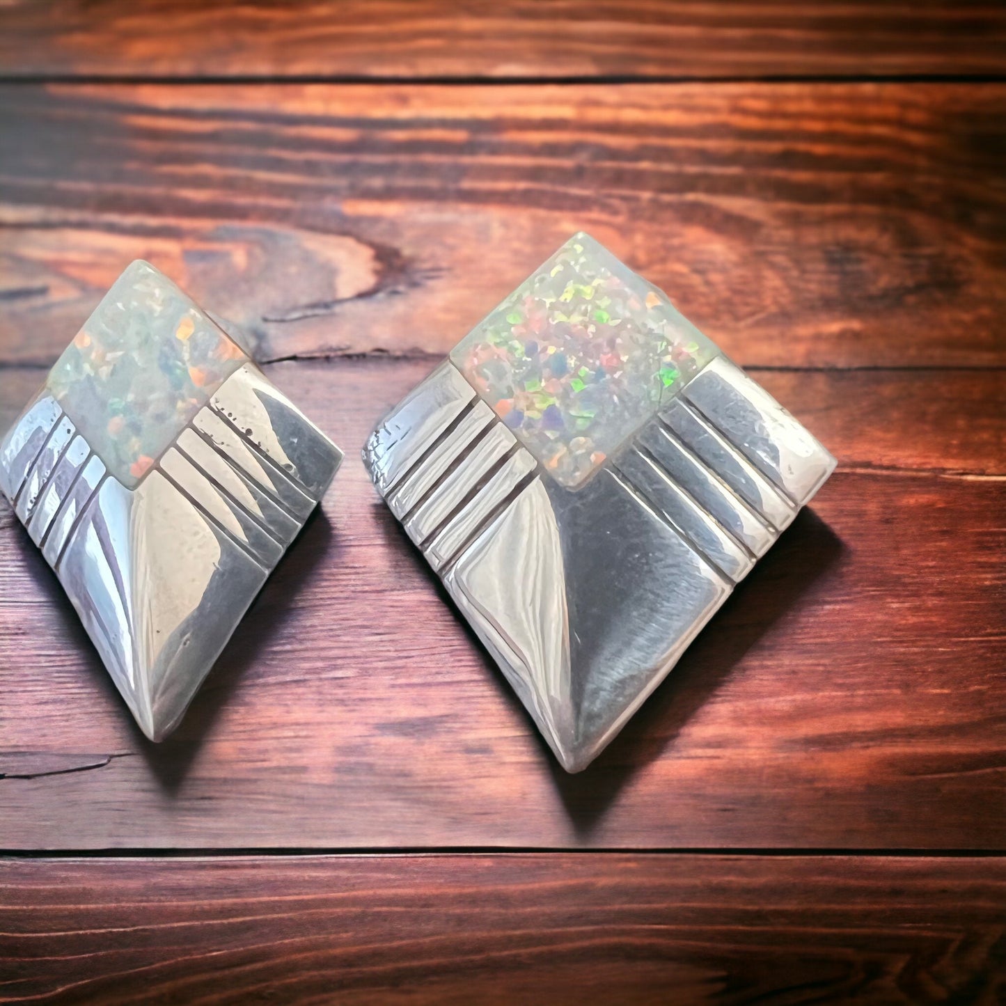 Vintage Navajo-Style Hand-Stamped Sterling Silver Concho & Opal Post Earrings — 1 1/4" Long