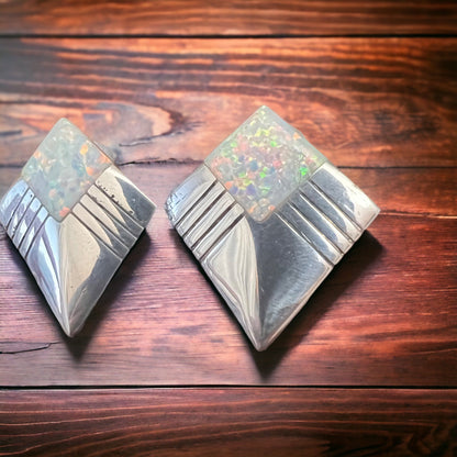 Vintage Navajo-Style Hand-Stamped Sterling Silver Concho & Opal Post Earrings — 1 1/4" Long