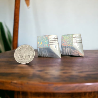 Vintage Navajo-Style Hand-Stamped Sterling Silver Concho & Opal Post Earrings — 1 1/4" Long