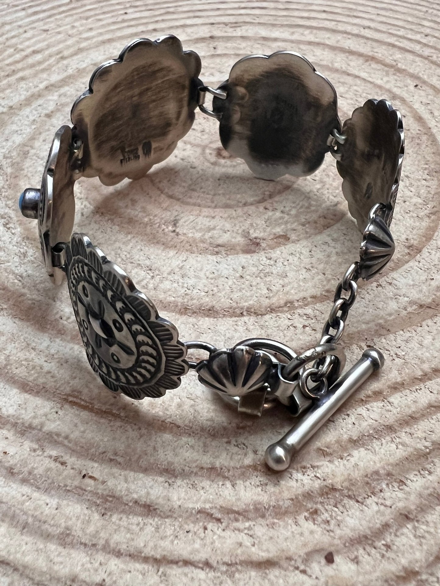 Victor Coriz Navajo Concho Link Bracelet with Sleeping Beauty Turquoise — Adjustable 6"-7.5" (Sterling Stamped, Artist Hallmark)