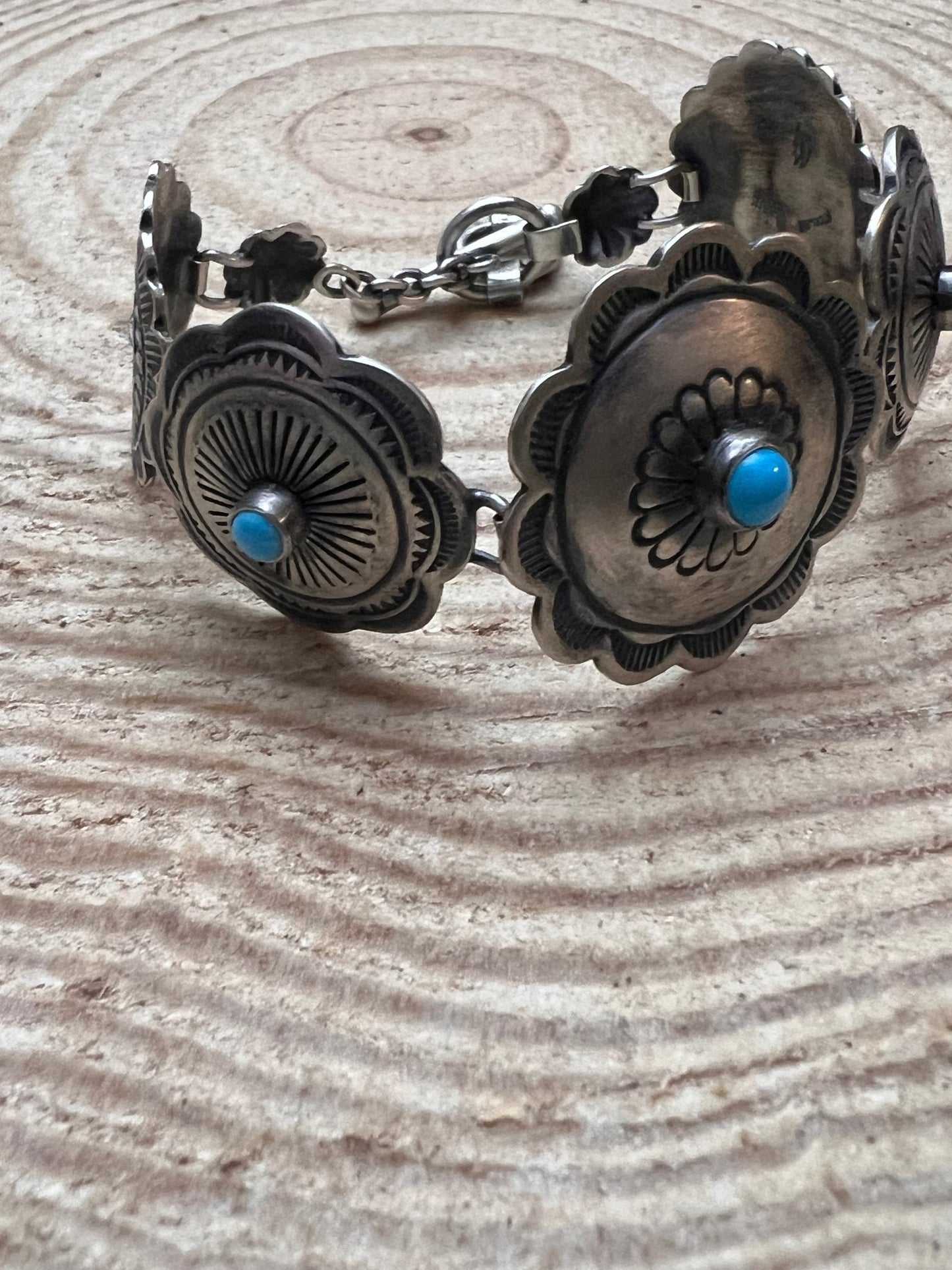 Victor Coriz Navajo Concho Link Bracelet with Sleeping Beauty Turquoise — Adjustable 6"-7.5" (Sterling Stamped, Artist Hallmark)