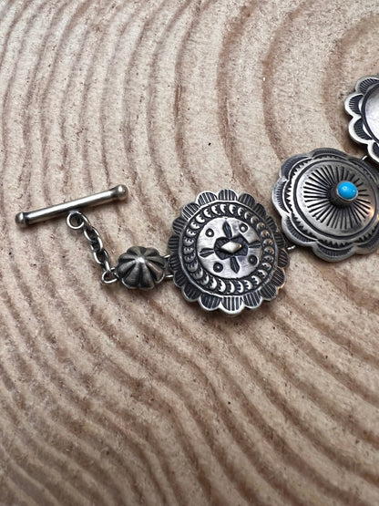 Victor Coriz Navajo Concho Link Bracelet with Sleeping Beauty Turquoise — Adjustable 6"-7.5" (Sterling Stamped, Artist Hallmark)