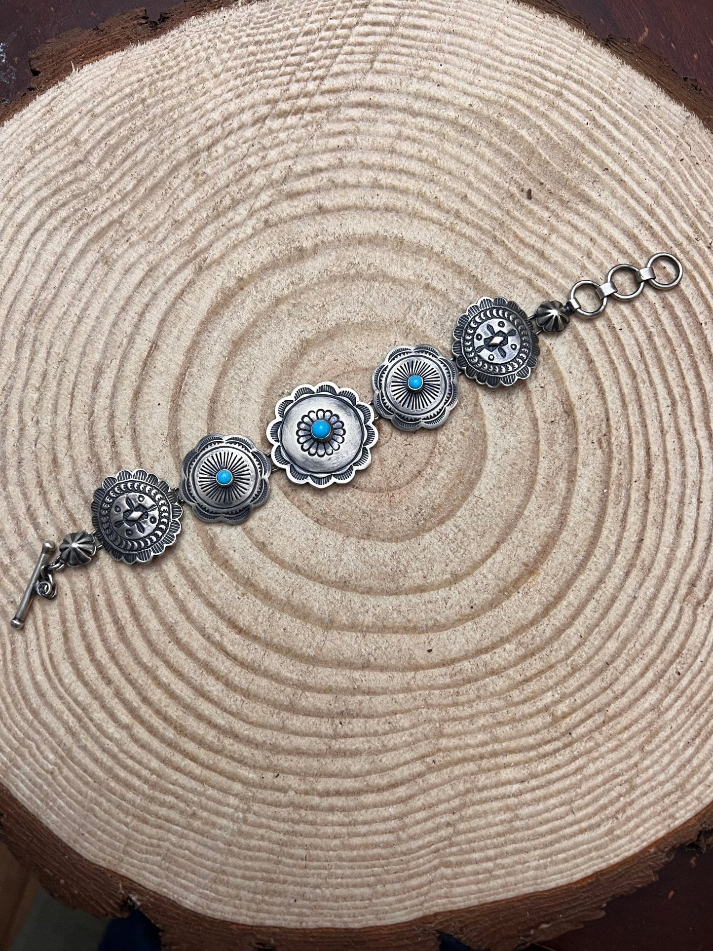 Victor Coriz Navajo Concho Link Bracelet with Sleeping Beauty Turquoise — Adjustable 6"-7.5" (Sterling Stamped, Artist Hallmark)