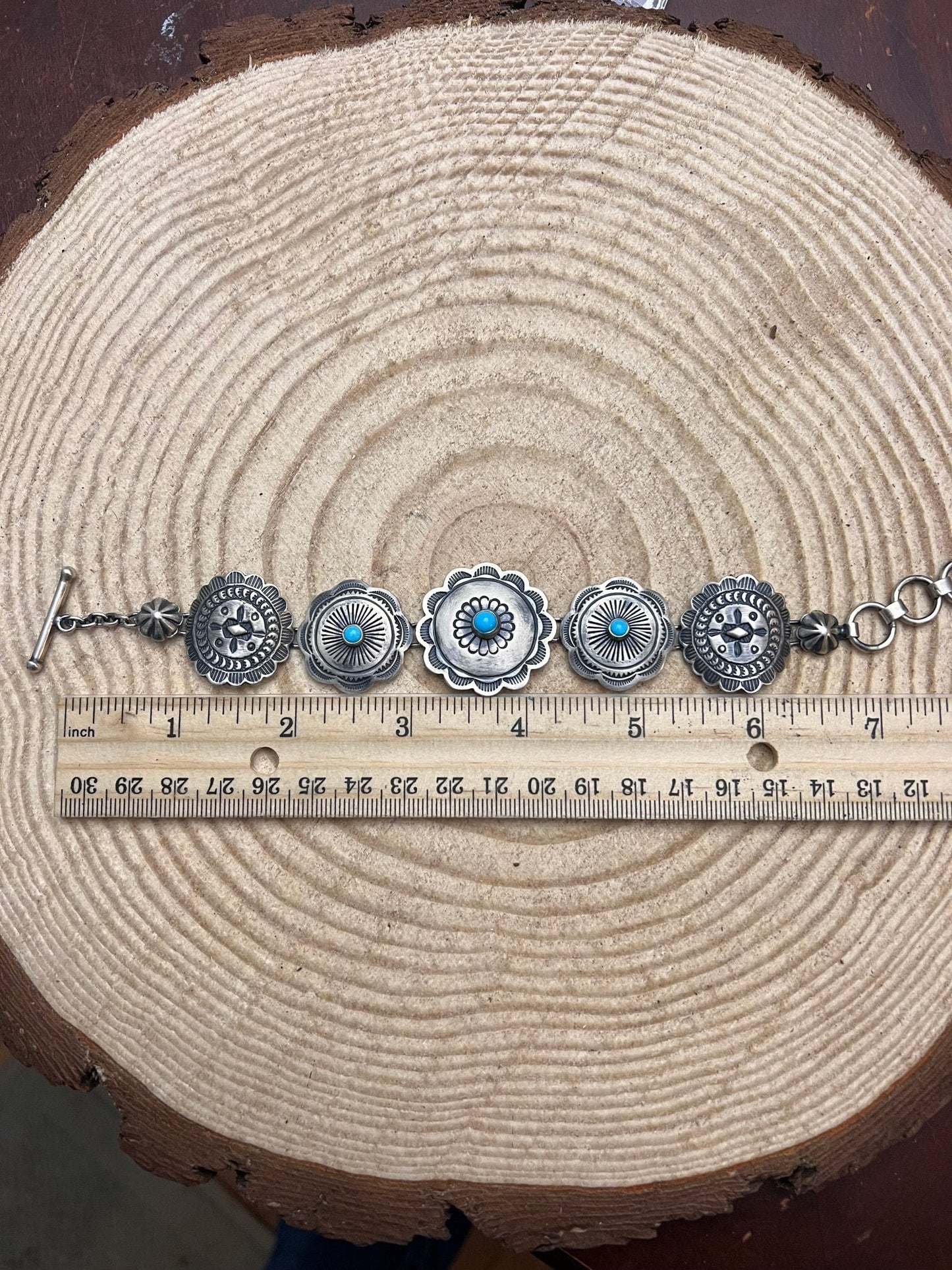 Victor Coriz Navajo Concho Link Bracelet with Sleeping Beauty Turquoise — Adjustable 6"-7.5" (Sterling Stamped, Artist Hallmark)