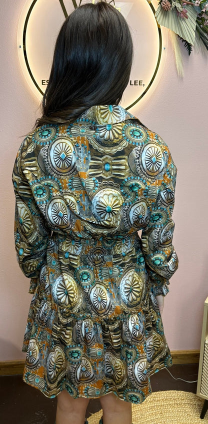 LUCKY & BLESSED Concho & Turquoise Jewelry Print Collared Ruffle Button-Down Western Shirt Dress