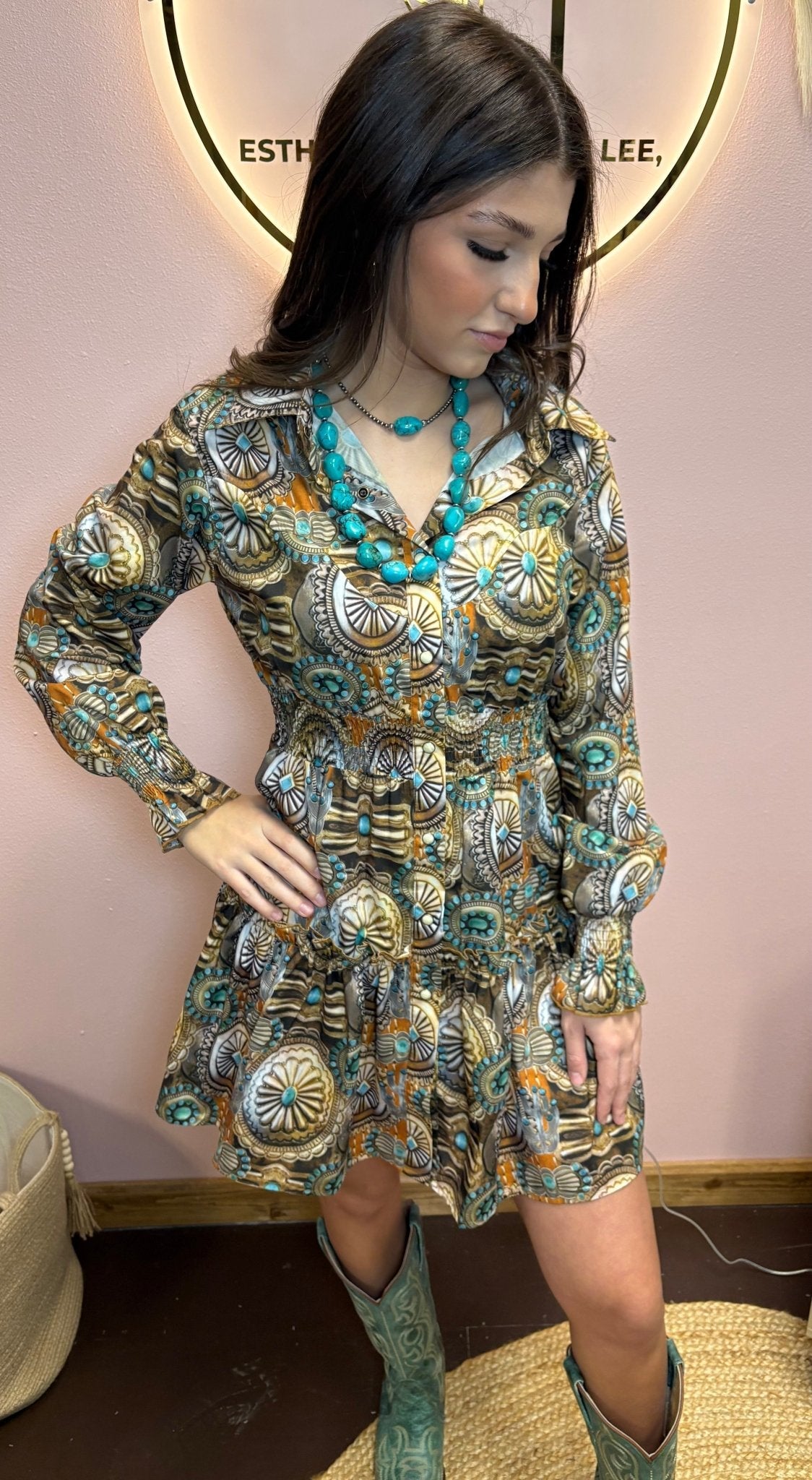 LUCKY & BLESSED Concho & Turquoise Jewelry Print Collared Ruffle Button-Down Western Shirt Dress