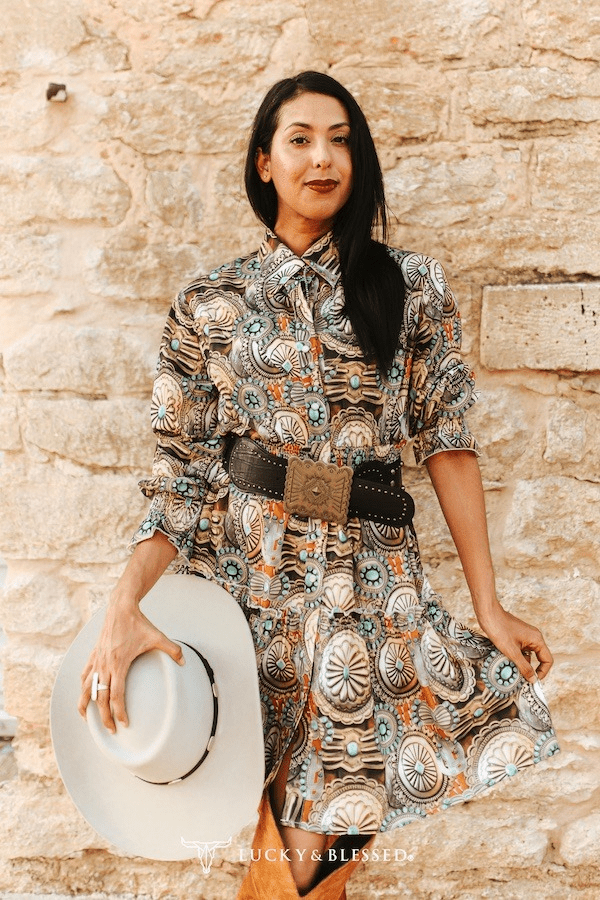 LUCKY & BLESSED Concho & Turquoise Jewelry Print Collared Ruffle Button-Down Western Shirt Dress