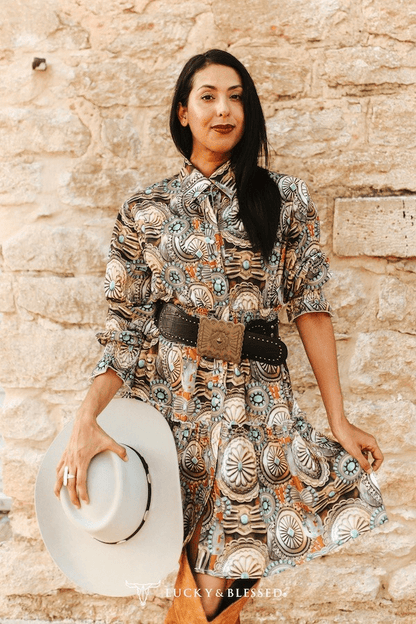 LUCKY & BLESSED Concho & Turquoise Jewelry Print Collared Ruffle Button-Down Western Shirt Dress