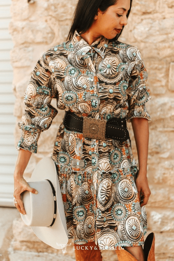 LUCKY & BLESSED Concho & Turquoise Jewelry Print Collared Ruffle Button-Down Western Shirt Dress