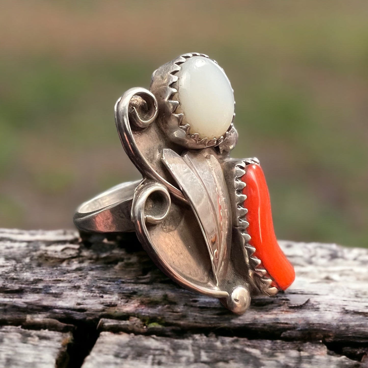 Coral & Mother of Pearl Sterling Silver Flower-Style Ring — Size 5