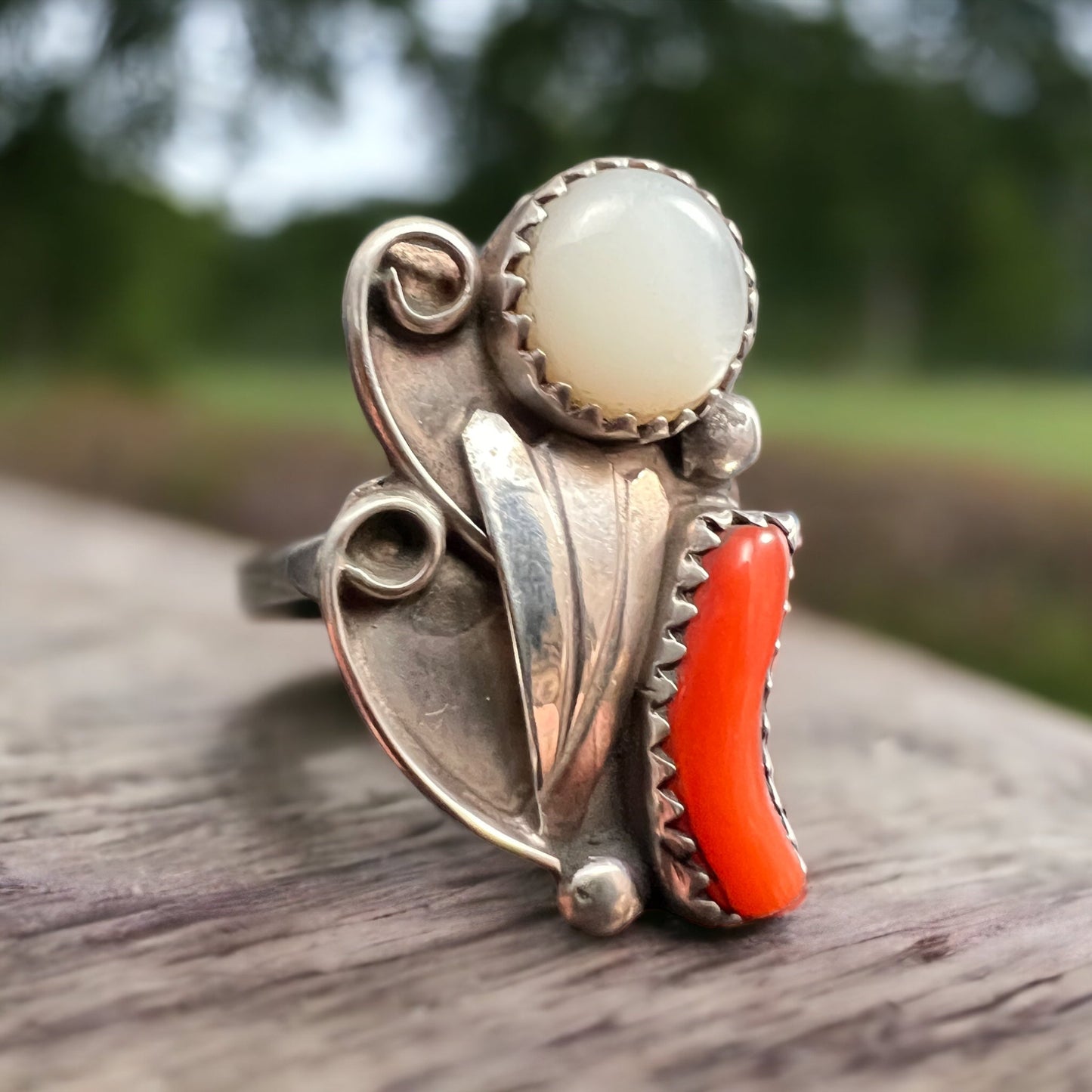 Coral & Mother of Pearl Sterling Silver Flower-Style Ring — Size 5