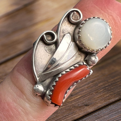 Coral & Mother of Pearl Sterling Silver Flower-Style Ring — Size 5