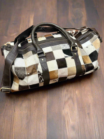 Western Full Hair-on-Hide Cowhide Duffle Bag — Black & White Compact Carry-On (21")