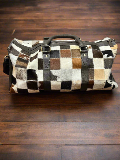 Western Full Hair-on-Hide Cowhide Duffle Bag — Black & White Compact Carry-On (21")