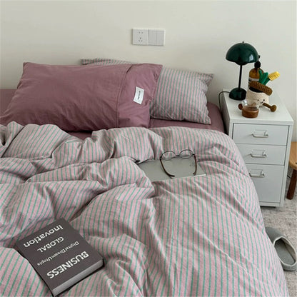 Purple Striped Cotton Duvet Cover Set