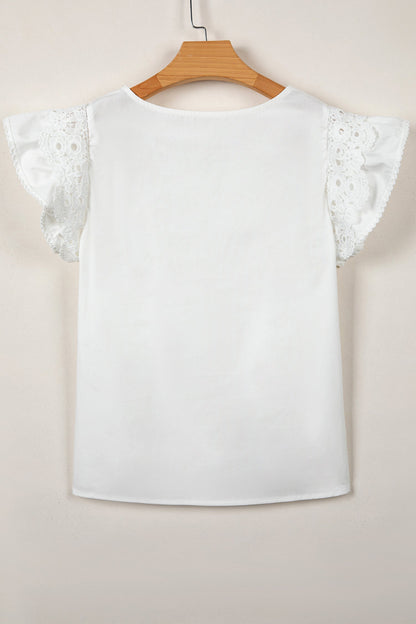 Solid Lace Flutter Sleeve Pleated Blouse