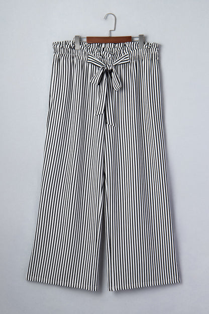 Plus Size Stripe Tie Waist Straight Pants
