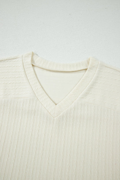 Cable Knit Textured V-Neck Short Sleeve T-Shirt