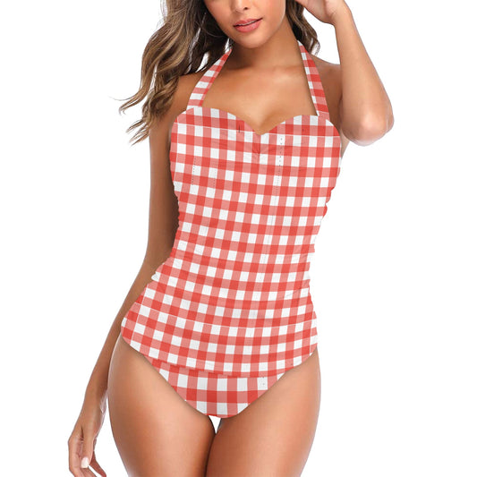 Vintage Farm Girl Red Plaid Halter Neck Swimsuit