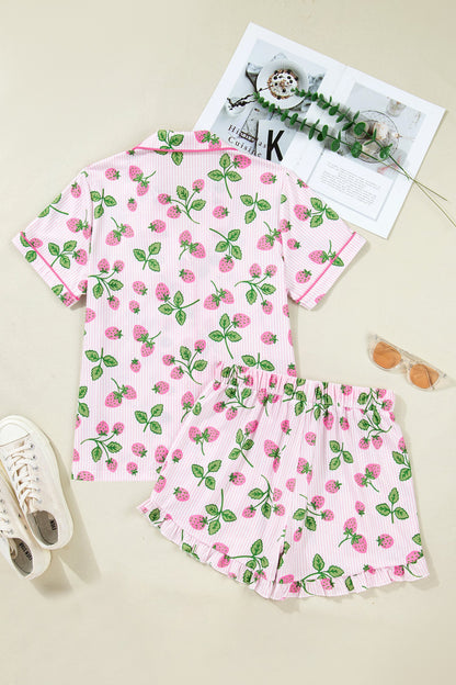Stripe Strawberry Lapel Shirt & Drawstring Shorts Set