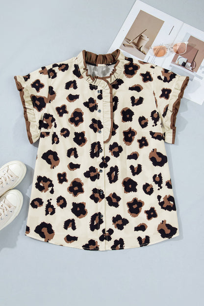 Plus Size Leopard Frilled Button Down Blouse