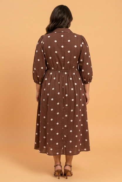 Plus Size Polka Dot Collared V-Neck Pocketed Midi Dress