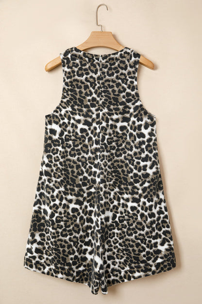 Leopard Denim Pleated Sleeveless Romper