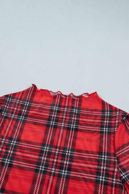 Plaid Mesh Lettuce Trim Long Sleeve Top