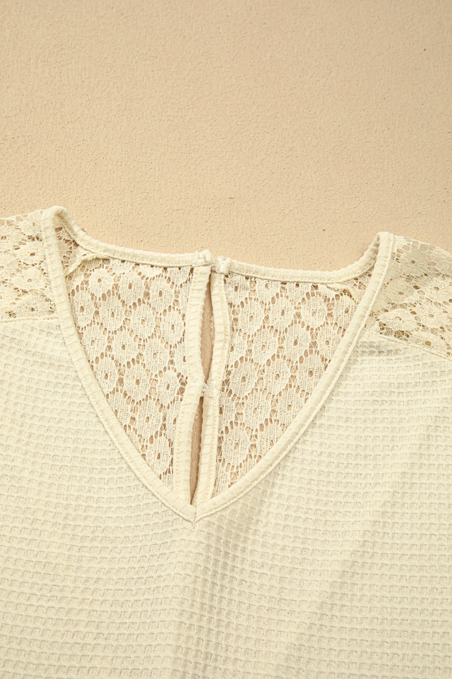 Lace Patchwork Buttoned Cutout Waffle Knit Blouse