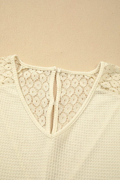 Lace Patchwork Buttoned Cutout Waffle Knit Blouse