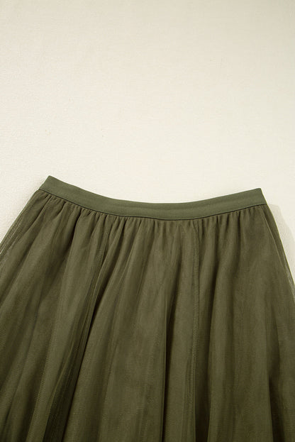 Solid Tulle Mesh Overlay Flared Midi Skirt